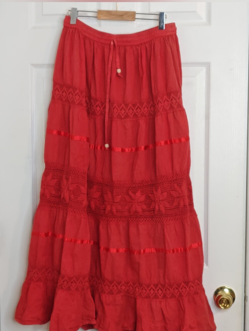 *Free With Purchase*Cotton Red Tiered Maxi/Midi Skirt Boho Crochet Detail Size S